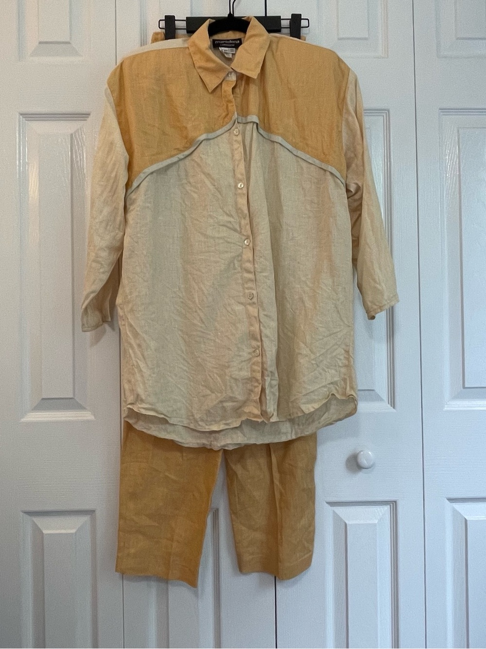 VINTAGE 1980s Marielena Collezione Yellow Colorblock Linen 2pc Shirt Pants Set S